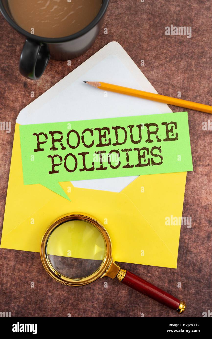 Rédaction affichage de texte politiques de la procédure principes directeurs règles et règlements. Les étapes de l'idée d'entreprise aux principes directeurs règles et Banque D'Images