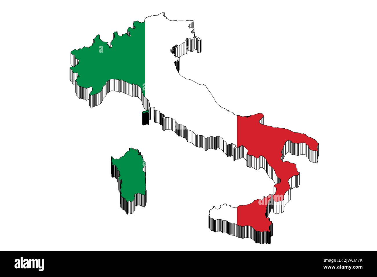 Logo de l'Italie : silhouettes de l'Italie, avec les couleurs officielles correctes du drapeau, illustration en 3D graphiques sur fond neutre. Banque D'Images
