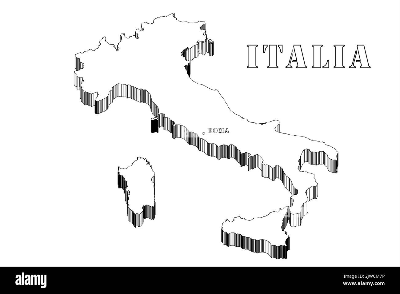 Silhouette Italia en 3D graphiques: En noir et blanc. Est coloriage et remplissage de couleurs et découpe pour les écoles, événements, formation didactique, etc Banque D'Images