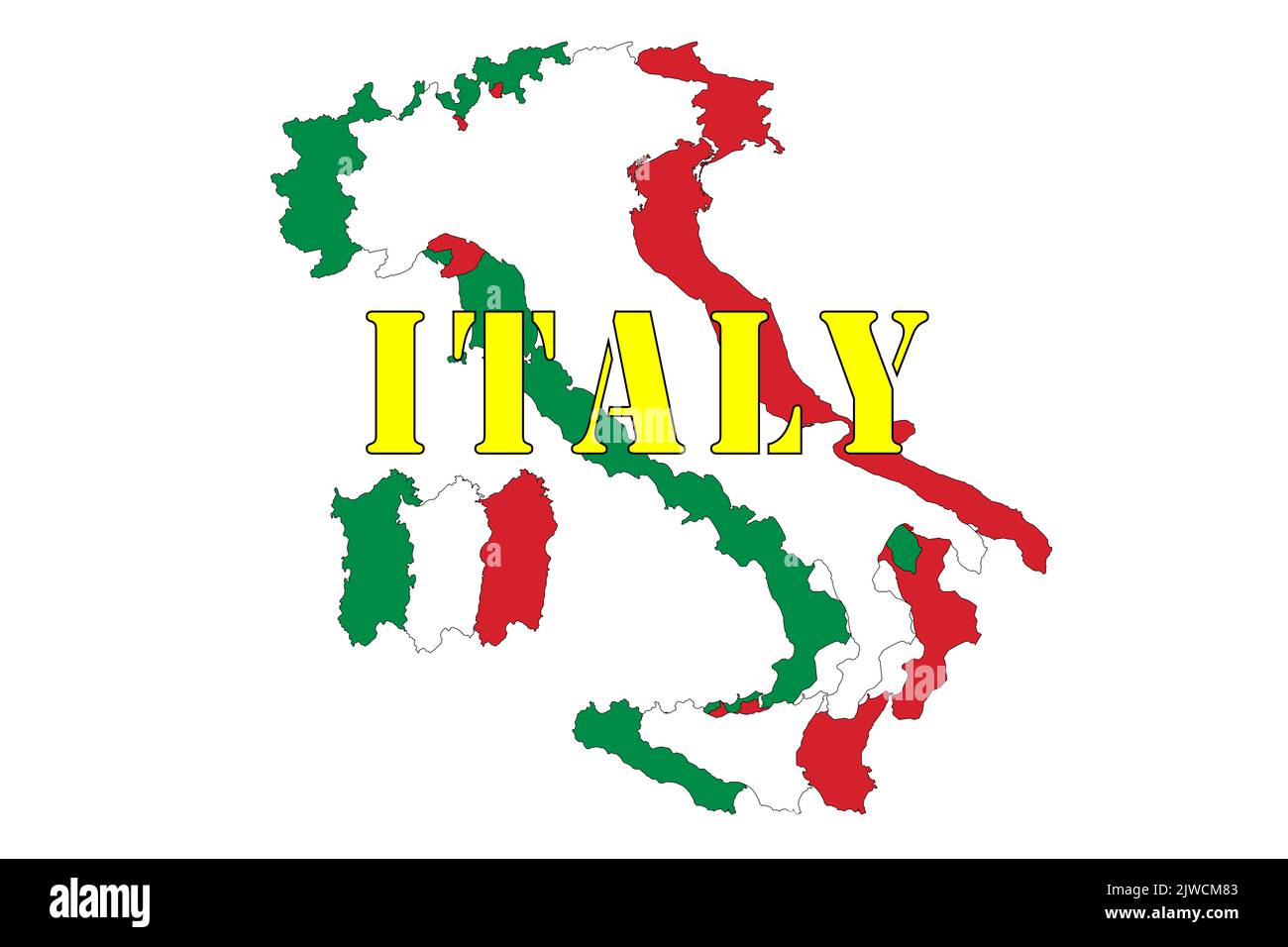 Logo de l'Italie : silhouettes de l'Italie, avec les couleurs du drapeau, les illustrations et les mots « Italie ». Banque D'Images