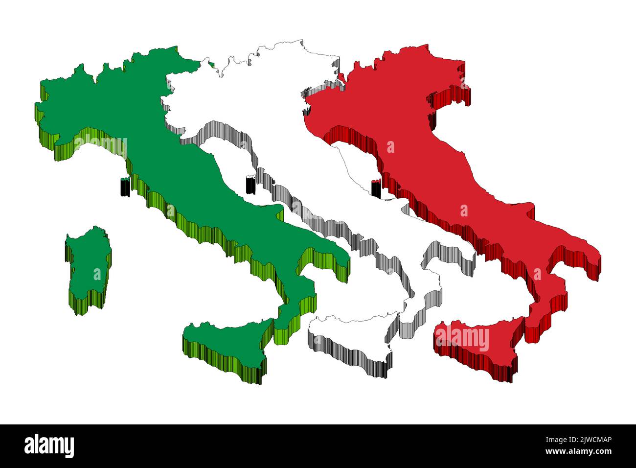 Logo de l'Italie : silhouettes de l'Italie, avec les couleurs officielles correctes du drapeau, illustration en 3D graphiques sur fond neutre. Banque D'Images