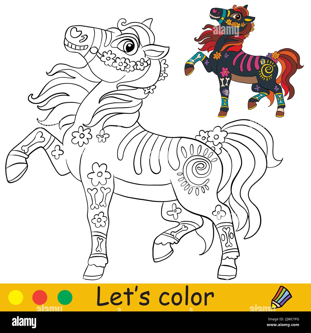 Squelette de cheval mexicain mignon. Concept Halloween. Page de livre de coloriage pour les enfants avec modèle coloré. Illustration de dessin animé vectoriel. Pour l'impression, presch Illustration de Vecteur