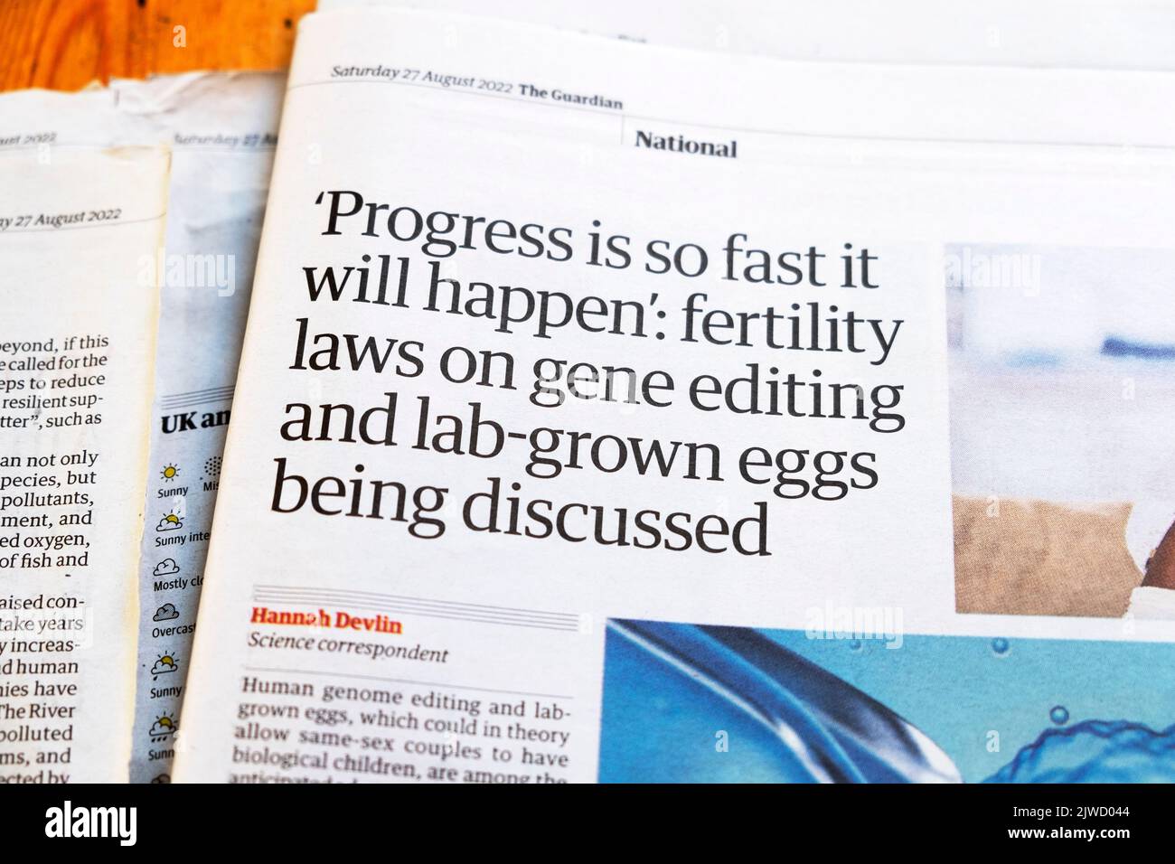 "Les progrès sont si rapides qu'ils se produiront: Lois sur la fertilité sur l'édition de gènes et les œufs cultivés en laboratoire" Guardian article en tête 27 août 2022 Londres Royaume-Uni Banque D'Images