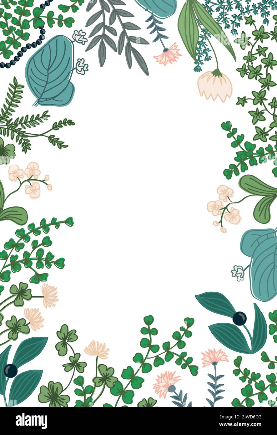 Cadre vertical vintage avec de jolies fleurs sauvages et herbes. Fond fleuri coloré pour cartes. Illustration vectorielle. Illustration de Vecteur