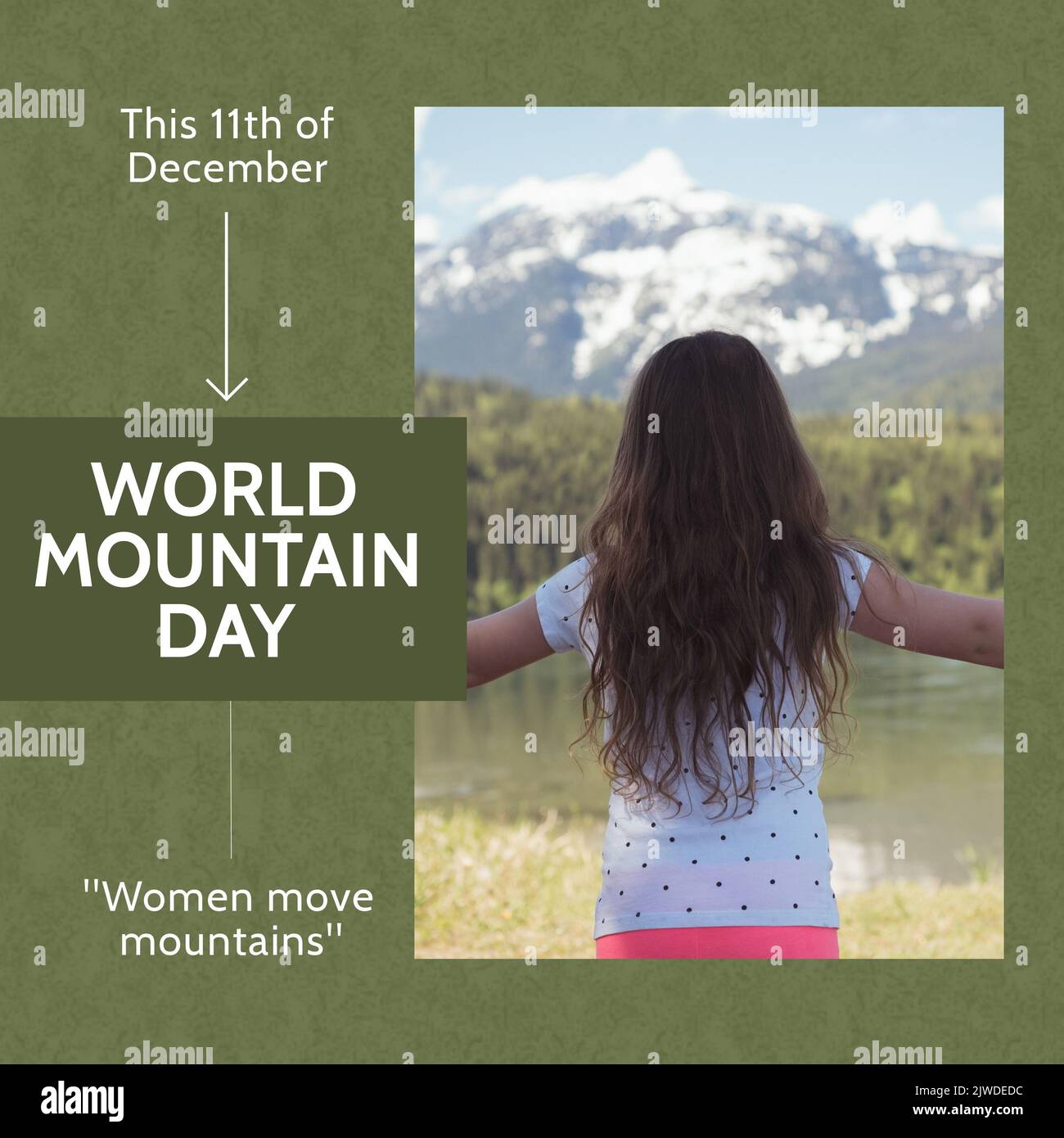 Composition du texte de la Journée mondiale de la montagne sur la fille caucasienne et le paysage Banque D'Images