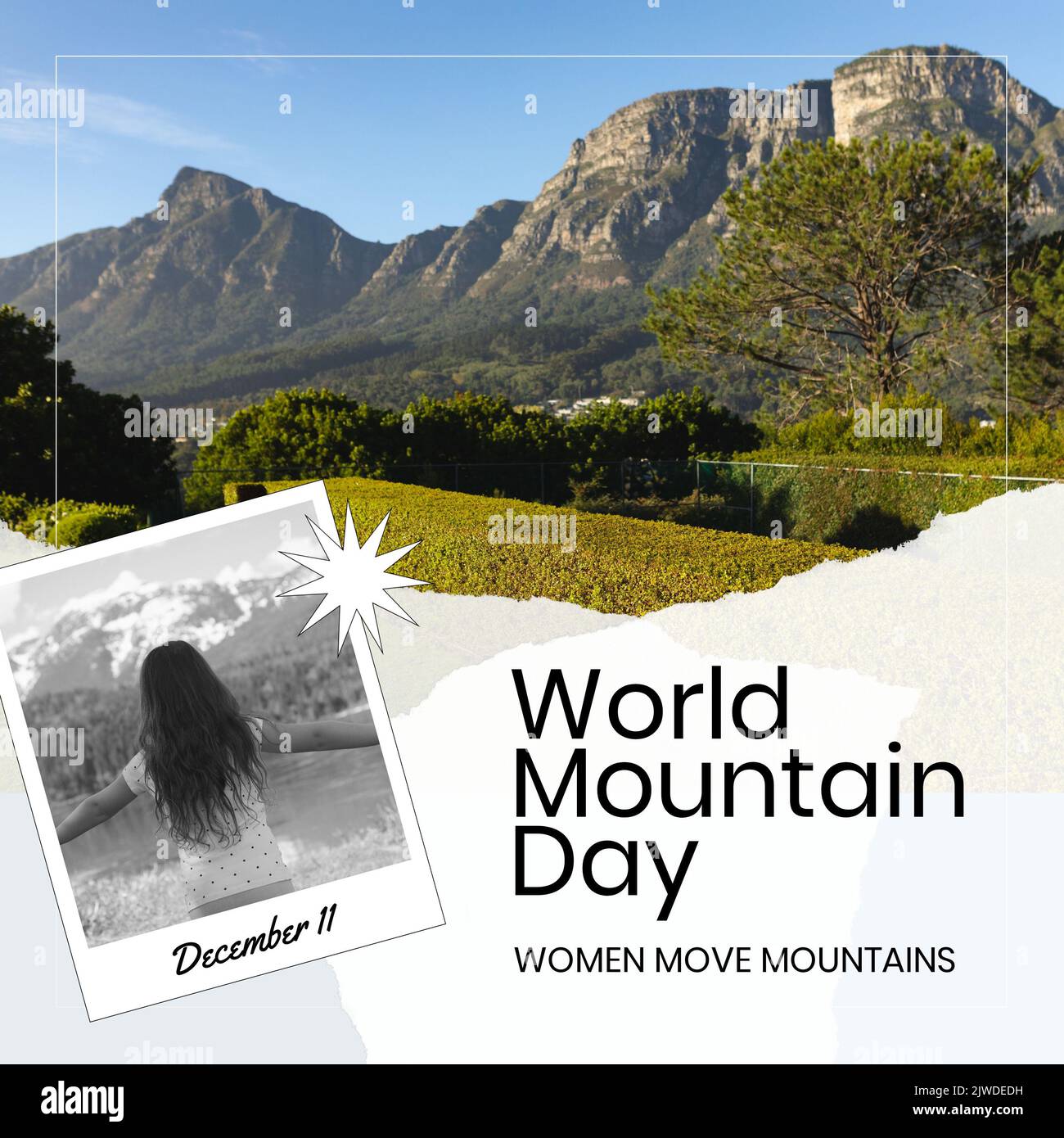 Composition du texte de la Journée mondiale de la montagne sur la photo de la fille caucasienne et du paysage Banque D'Images