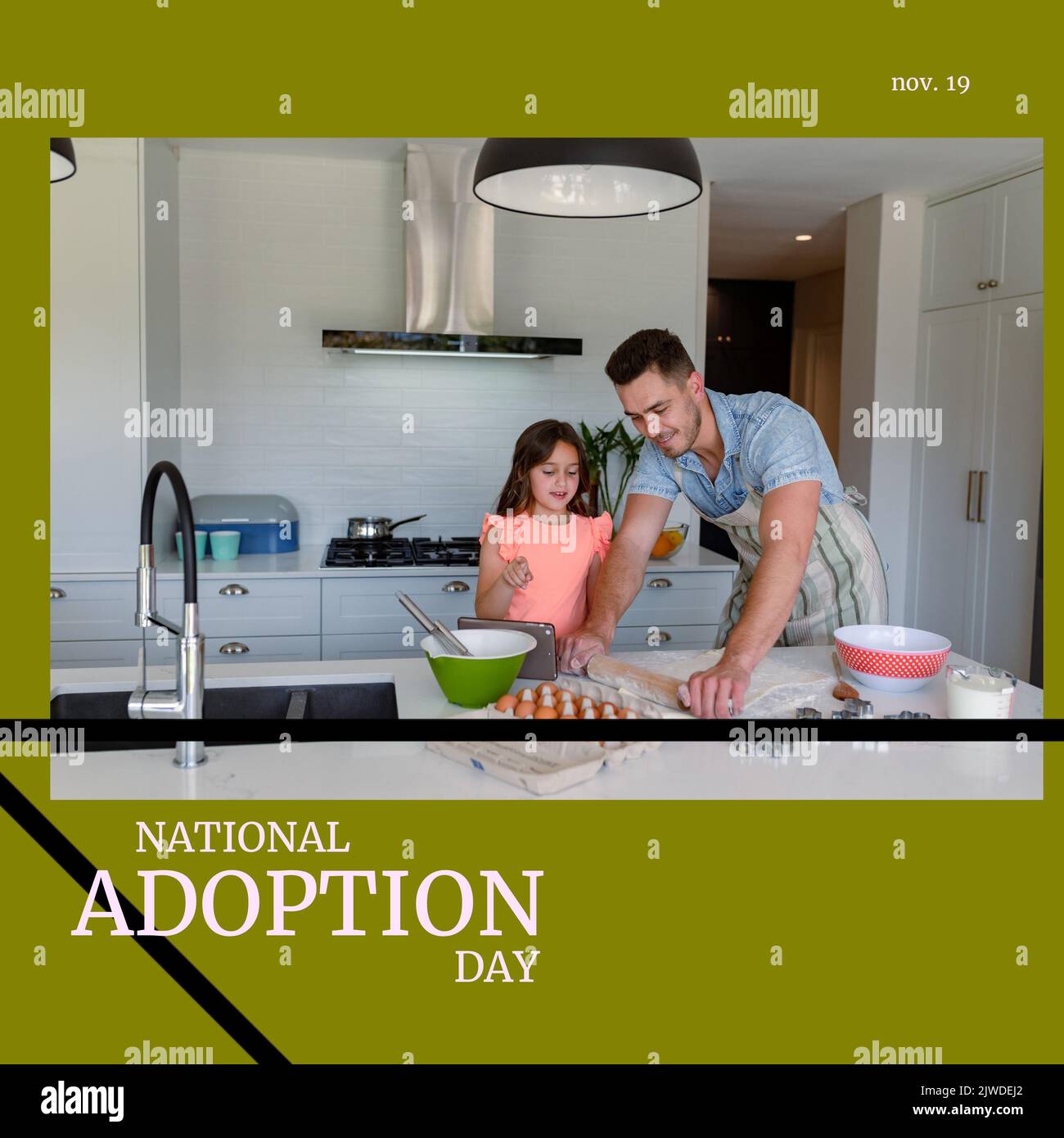 Composition du texte national du jour d'adoption avec l'homme du caucase et sa fille Banque D'Images