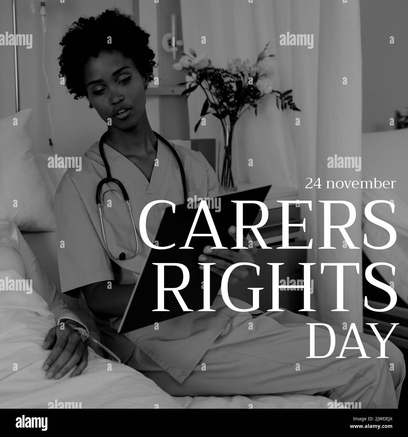 Composition du texte de la journée des droits des soignants avec une femme afro-américaine médecin et patient Banque D'Images