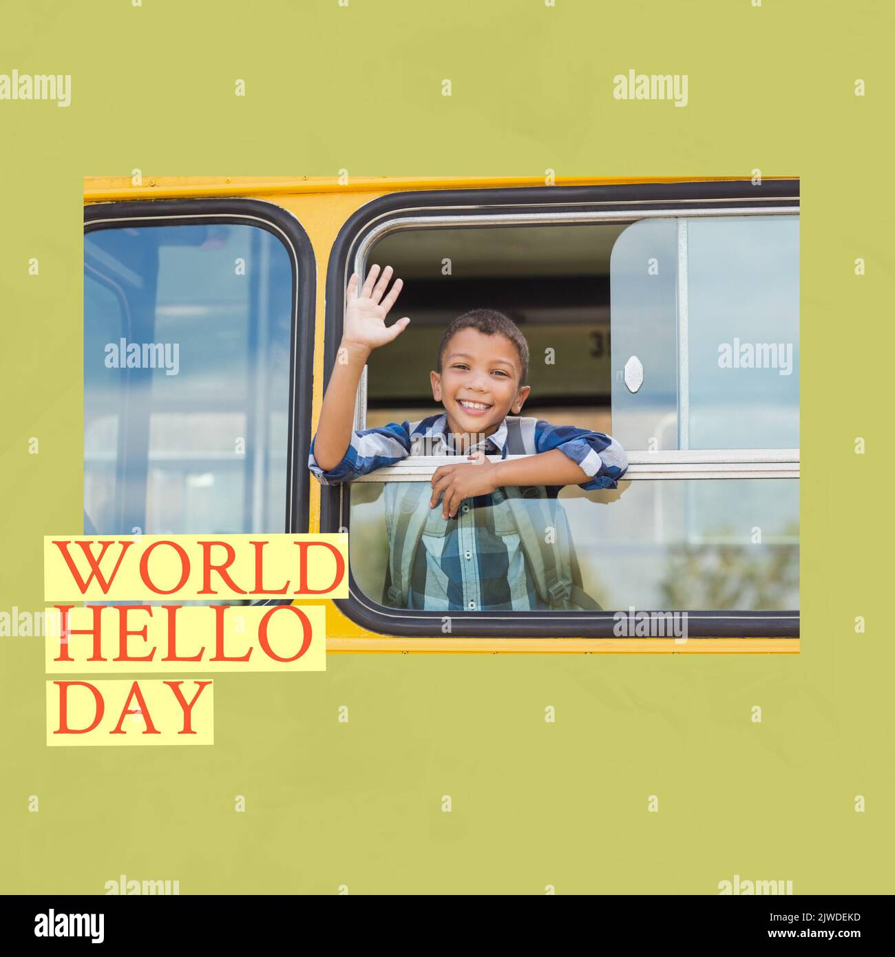 Composition du texte du jour de bonjour du monde avec un élève biracial en agitant depuis le bus scolaire Banque D'Images
