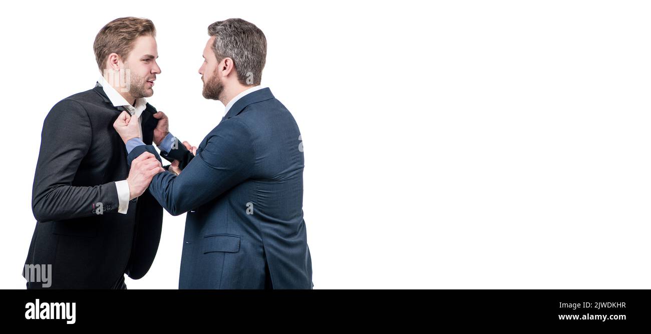 Homme visage portrait, bannière avec espace de copie. Hommes d'affaires parlant et discutant des conflits. Patron et employé. Hommes en désaccord partenaires. Banque D'Images