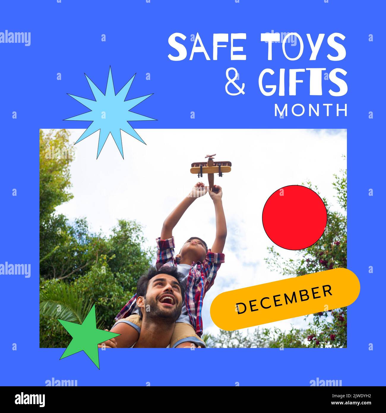 Composite de jouets sûrs, mois des cadeaux, texte de décembre et père transportant son avion volant sur l'épaule Banque D'Images