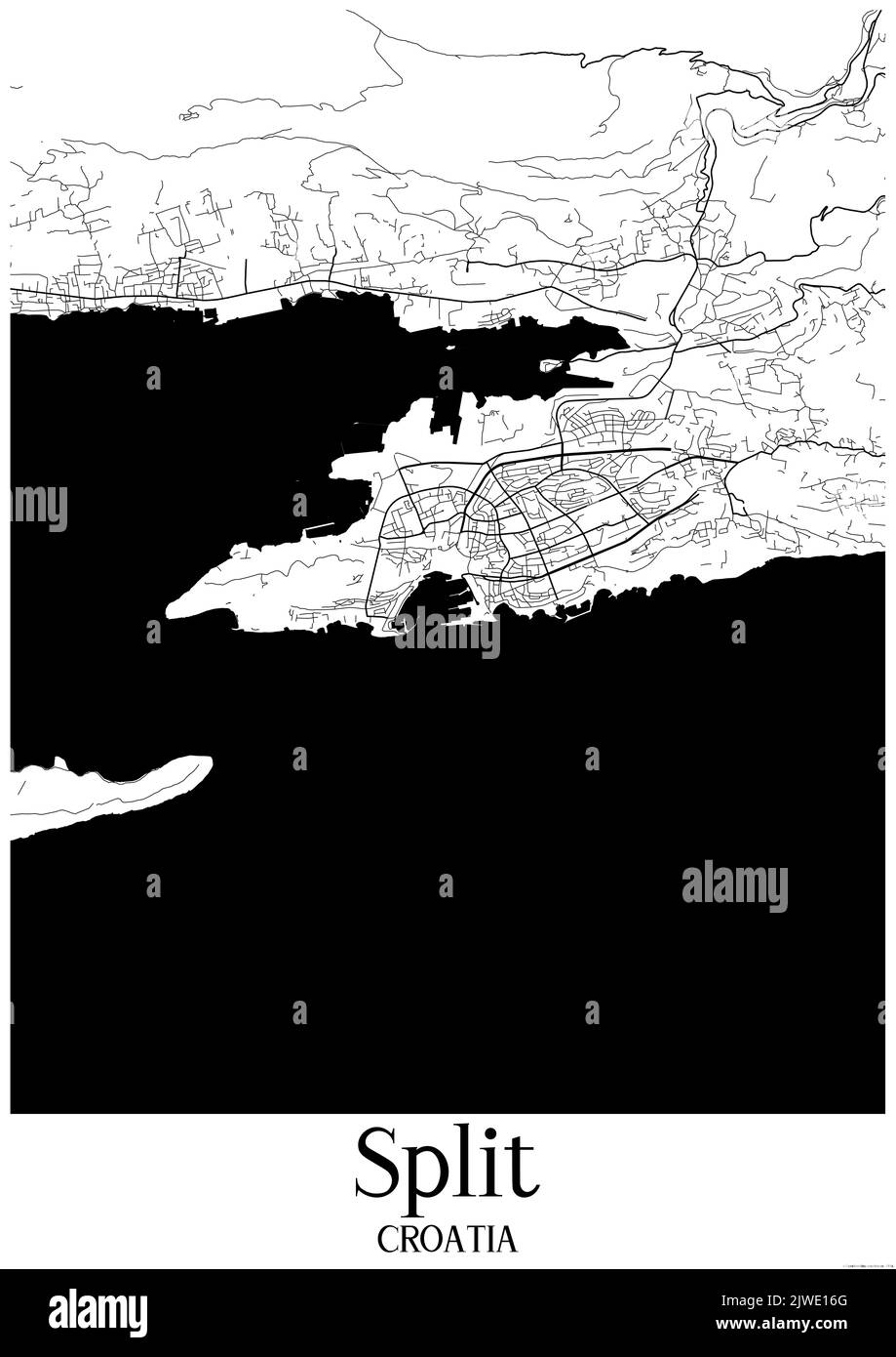 Carte urbaine en noir et blanc de Split Banque D'Images