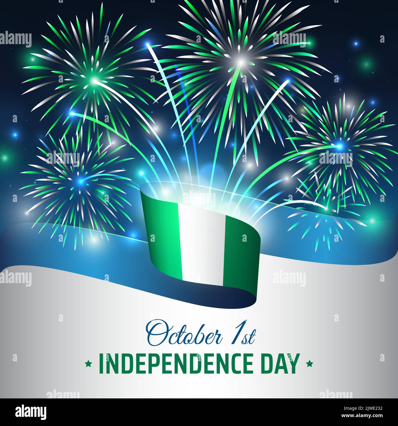 1 octobre, nigeria jour de l'indépendance, modèle vectoriel avec drapeau nigérian et feux d'artifice colorés sur fond bleu ciel de nuit. Fête nationale du Nigéria Illustration de Vecteur