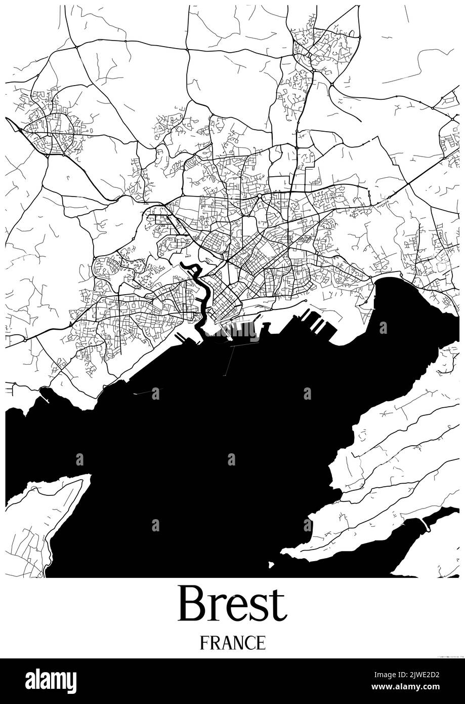 Carte urbaine classique en noir et blanc de Brest France. Cette carte contient des lignes géographiques pour les routes principales et secondaires. Banque D'Images