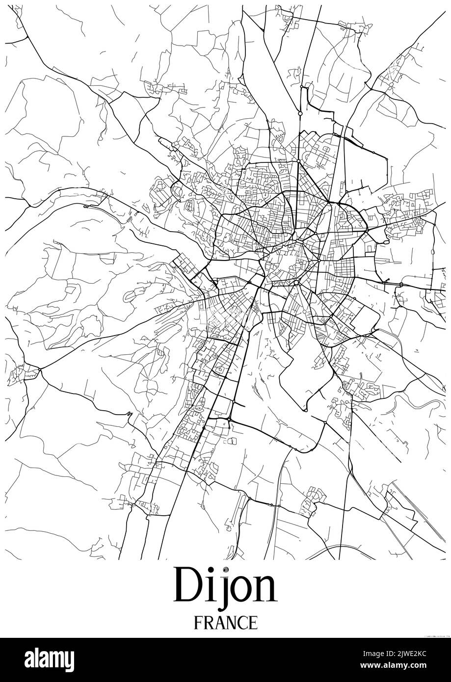 Carte urbaine classique en noir et blanc de Dijon France. Cette carte contient des lignes géographiques pour les routes principales et secondaires. Banque D'Images