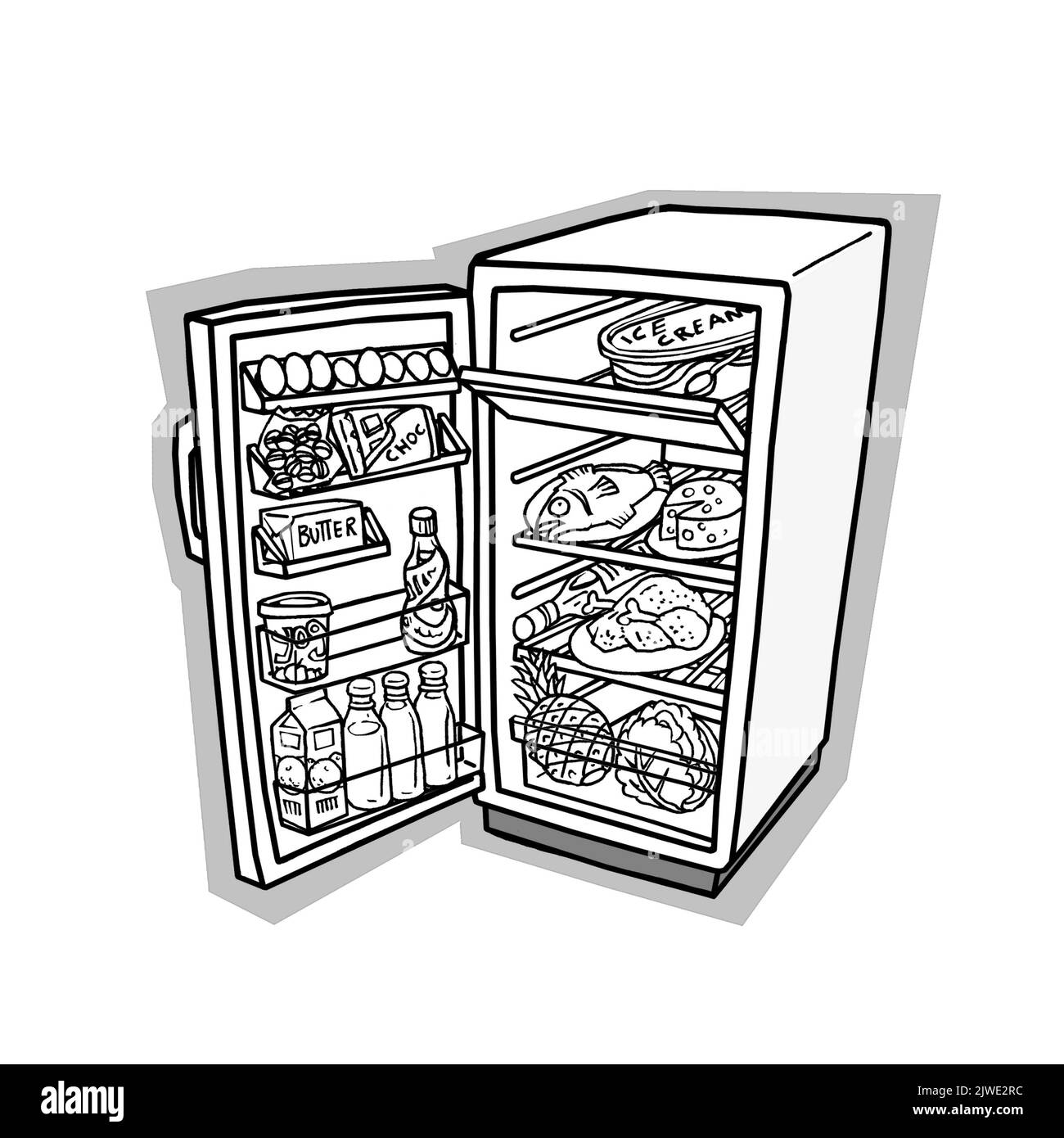 Œuvres d'art noir et blanc d'un réfrigérateur rempli de nourriture, y compris beurre, œufs, chocolat, lait et légumes, fiche d'activités colorée, éducation. Banque D'Images