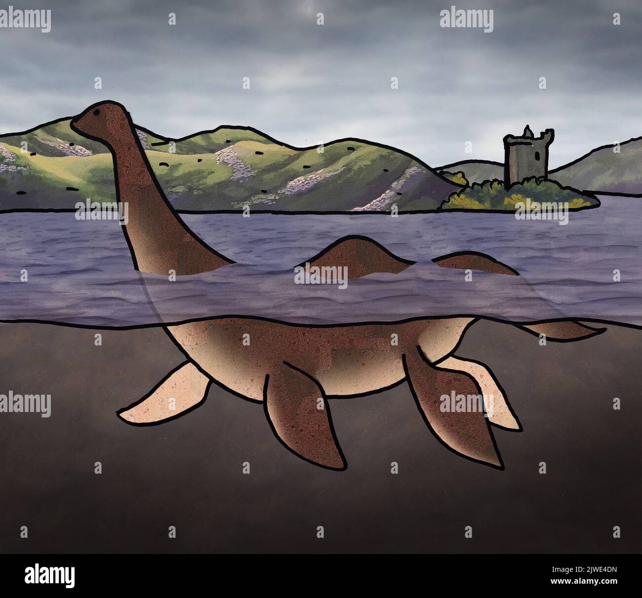 Le monstre mythique du Loch Ness passe devant le château d'Urquart en Écosse. Vue sur le niveau de l'eau de la célèbre bête mythique. Banque D'Images