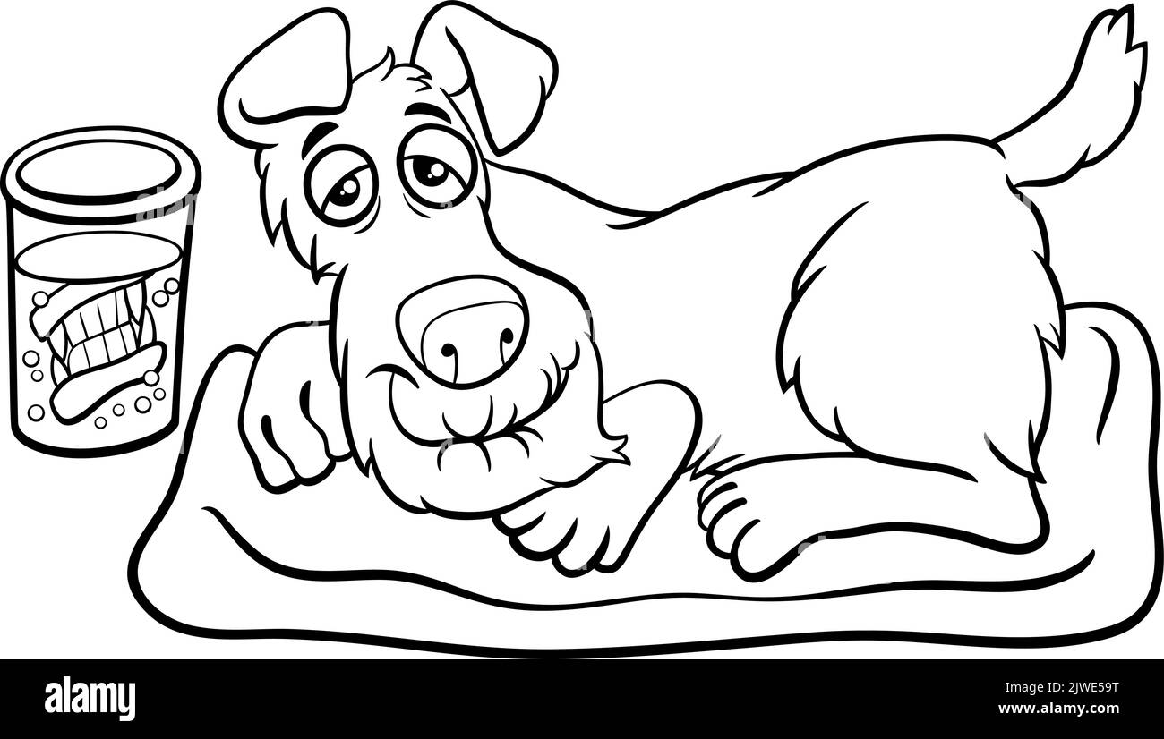 Dessin animé noir et blanc de drôle de personnage d'animal de chien senior avec des prothèses dentaires dans une page de coloration de verre Illustration de Vecteur