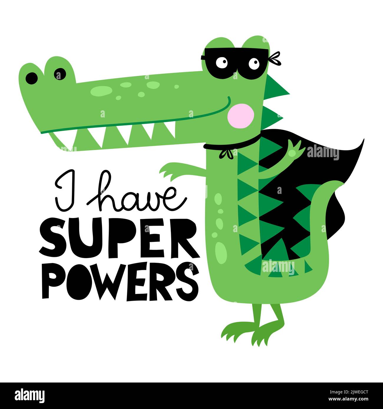 J'ai des super-pouvoirs - adorable motif héros de crocodile, drôle de doodle dessiné à la main, alligator de dessin animé. Idéal pour les affiches ou les t-shirts. Illustration de Vecteur