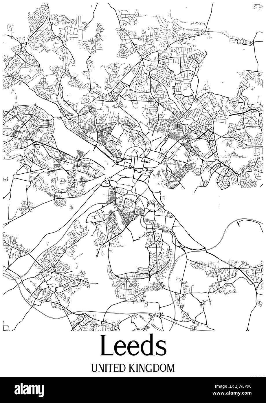 Carte urbaine classique en noir et blanc de Leeds Royaume-Uni. Cette carte contient des lignes géographiques pour les routes principales et secondaires. Banque D'Images