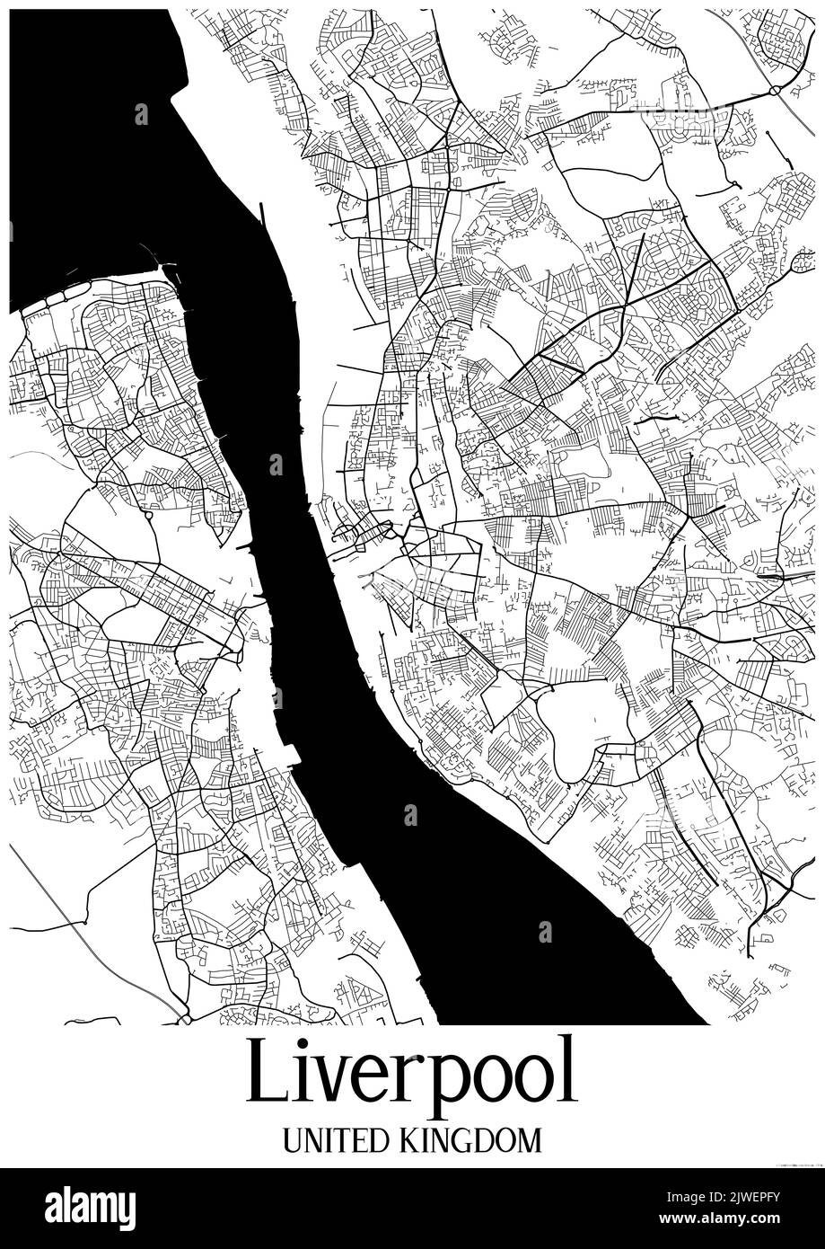 Carte urbaine classique en noir et blanc de Liverpool Royaume-Uni. Cette carte contient des lignes géographiques pour les routes principales et secondaires. Banque D'Images