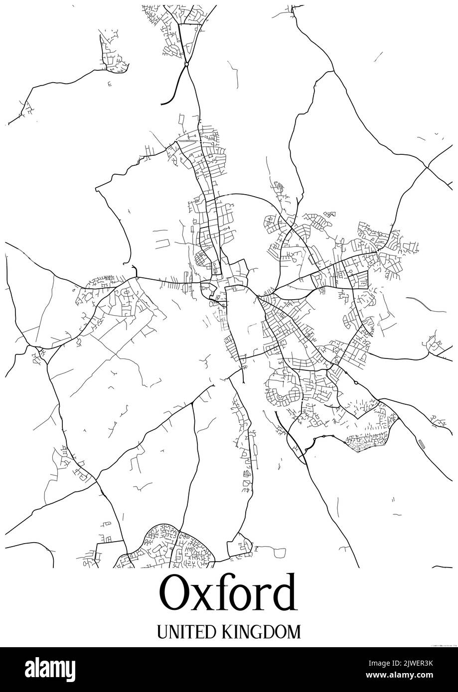 Carte urbaine classique en noir et blanc d'Oxford Royaume-Uni. Cette carte contient des lignes géographiques pour les routes principales et secondaires. Banque D'Images