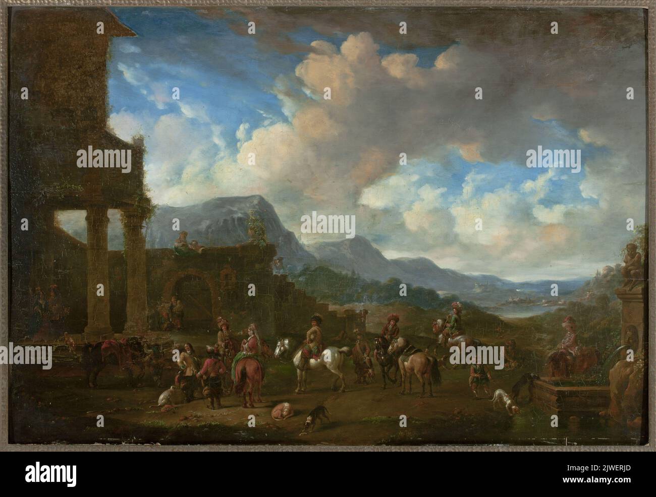 Paysage avec une scène de genre. Wouwerman, Pieter (1623-1682), peintre Banque D'Images