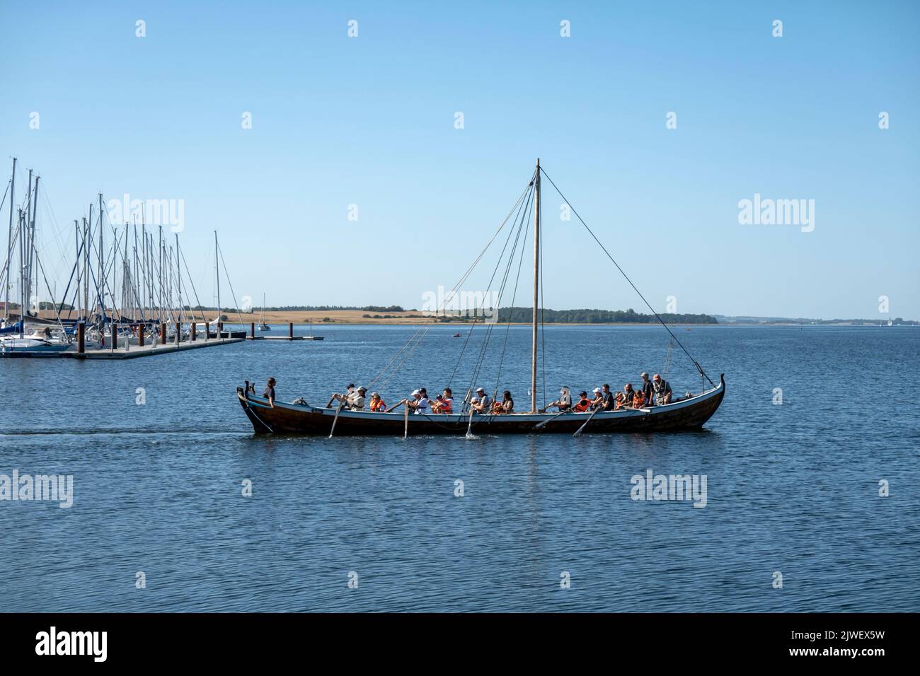 Touristes ramer réplique navire viking sur le fjord au Musée des navires viking, Roskilde, Zélande, Danemark, Europe Banque D'Images