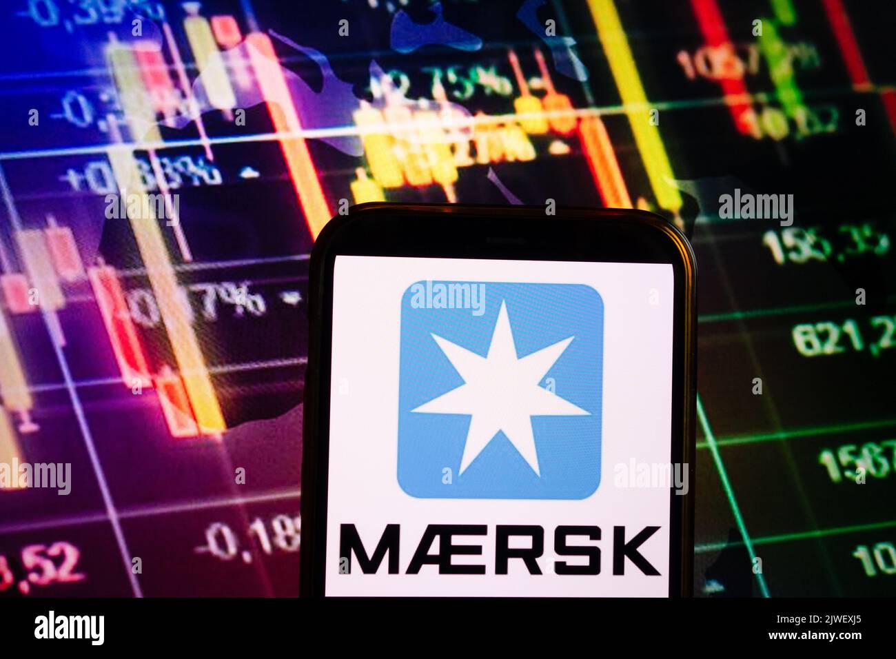 KONSKIE, POLOGNE - 04 septembre 2022: Smartphone affichant le logo de la société Maersk sur fond de diagramme boursier Banque D'Images