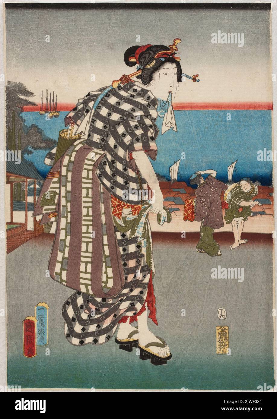 Jeune femme contre le paysage de la baie. Toyohara, Kunichika (1835-1900), graphiste Banque D'Images
