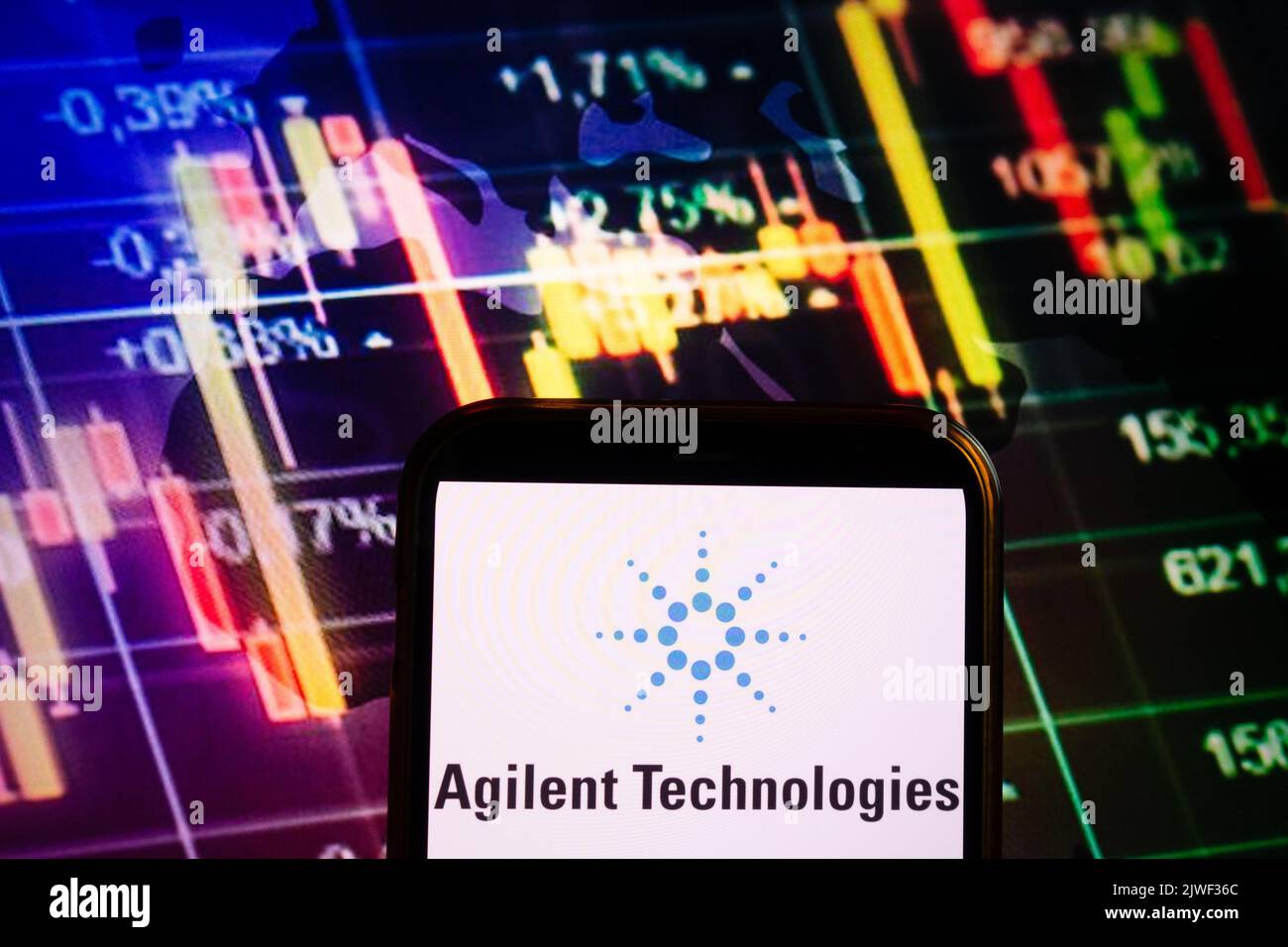 KONSKIE, POLOGNE - 04 septembre 2022: Smartphone affichant le logo de la société Agilent technologies sur fond de diagramme boursier Banque D'Images