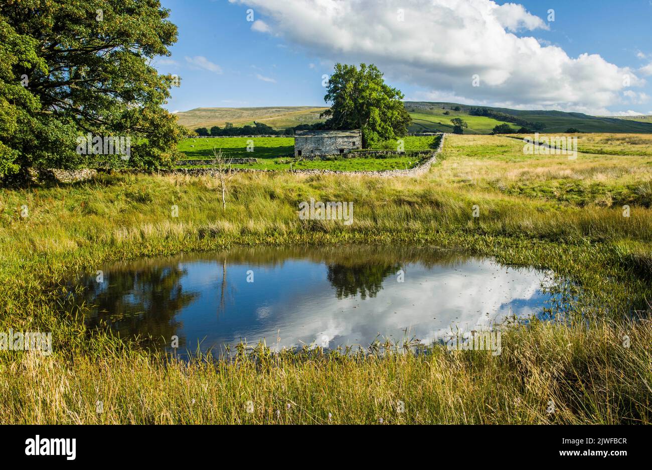 Belle réflexion dans un étang ovale avec une grange en pierre derrière Ravenstone à Cumbria Banque D'Images