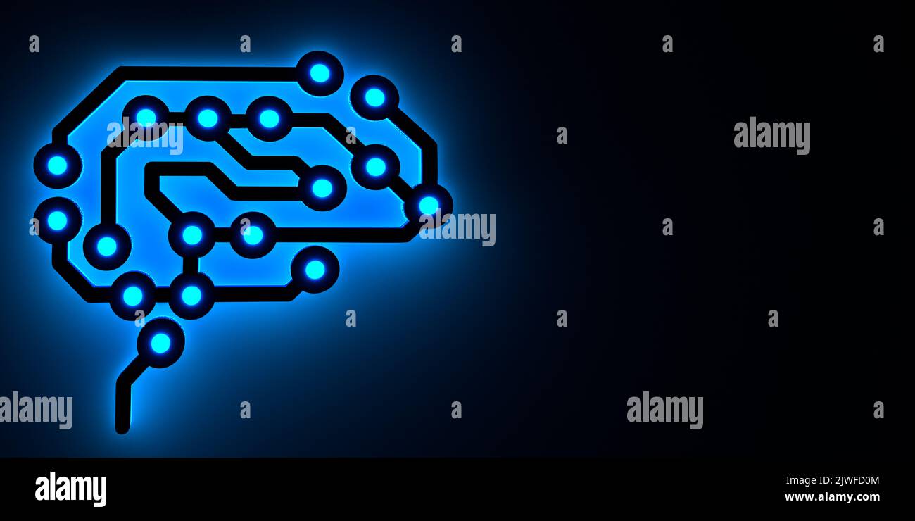 Concept ai (Intelligence artificielle) : symbole du cerveau du processeur brillant bleu points de connexion pour l'apprentissage, symbole de carte de circuit imprimé d'impulsions électriques. 3d rendu Banque D'Images Concept ai (Intelligence artificielle) : symbole du cerveau du processeur brillant bleu points de connexion pour l'apprentissage, symbole de carte de circuit imprimé d'impulsions électriques. 3d rendu Banque D'Images