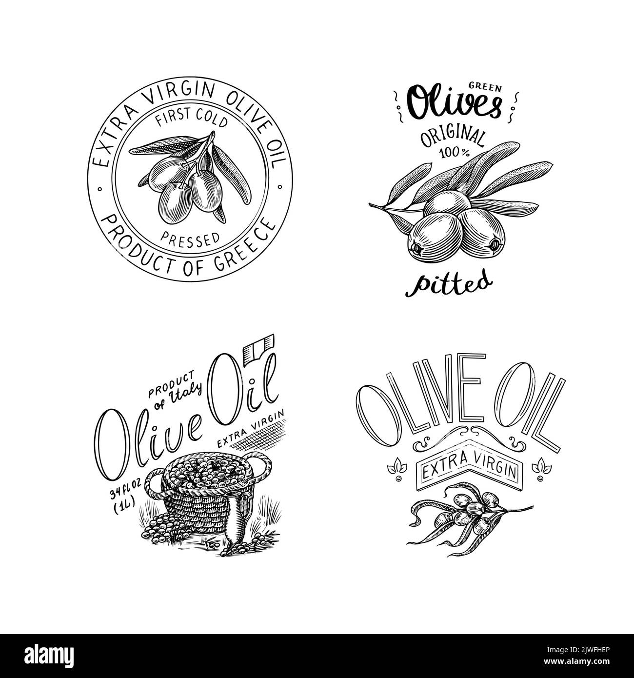 Ensemble d'huile d'olive et logo de branche d'arbres. Produit végétarien biologique en bouteille. Étiquette de logo « plante verte ». Gravé à la main dans l'ancien Illustration de Vecteur