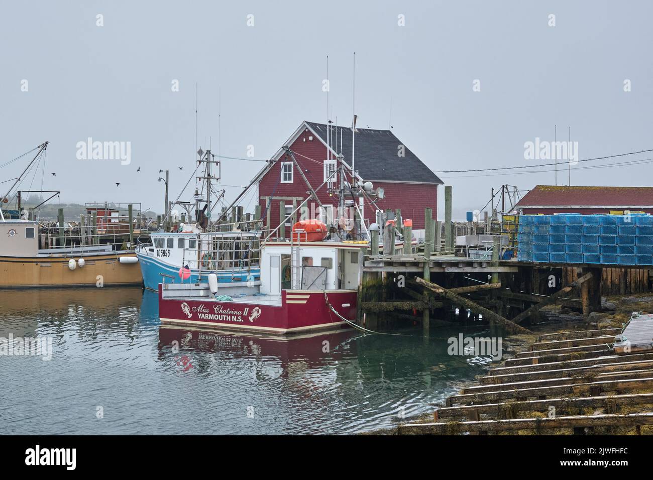 Le quai est entouré de brouillard au petit village de pêcheurs de Forchu, près de Yarmouth, en Nouvelle-Écosse. Banque D'Images