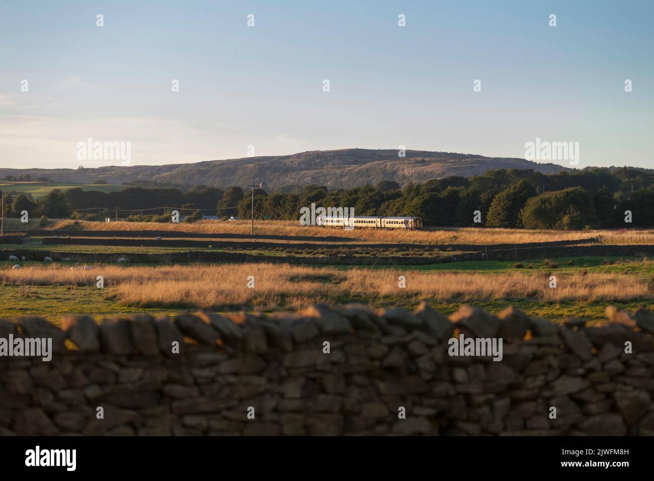 Northern rail classe 158 DMU train sur la pittoresque petite ligne de chemin de fer nord-ouest dans le Yorkshire en passant par la campagne à la jonction de Settle Banque D'Images