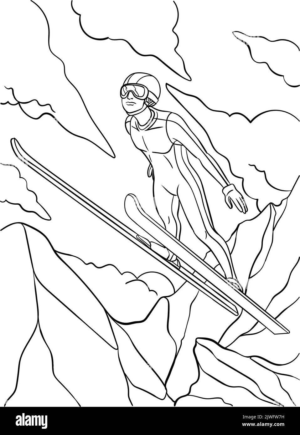 Page de coloriage pour saut à ski pour enfants Illustration de Vecteur