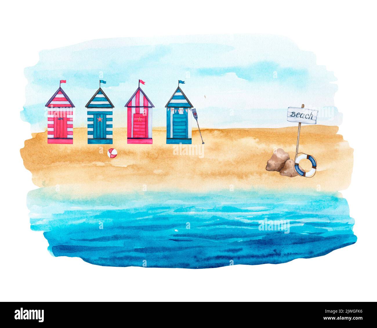 Cabines de plage en bois à rayures sur l'océan. Arrière-plan aquarelle. Banque D'Images