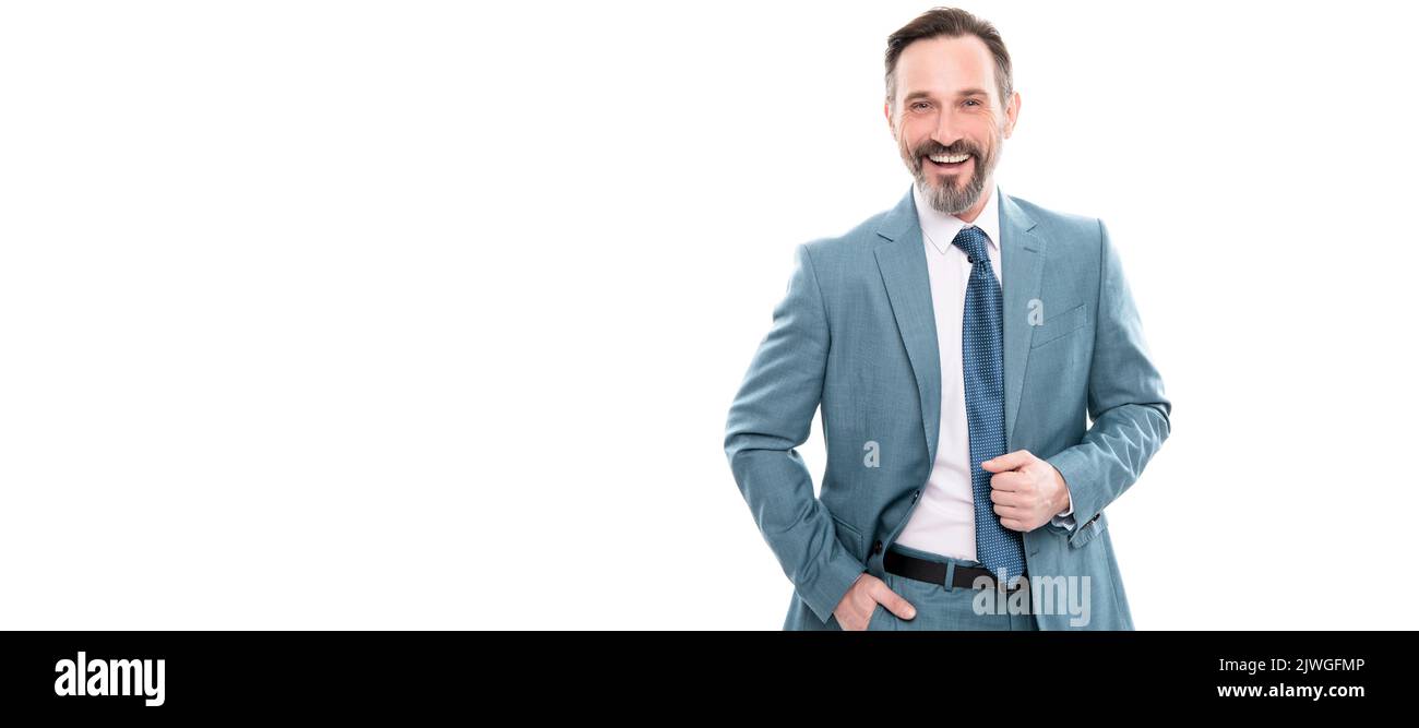 bon patron mûr en costume d'entreprise isolé sur des vêtements de forme blancs. Portrait de visage d'homme, bannière avec espace de copie. Banque D'Images