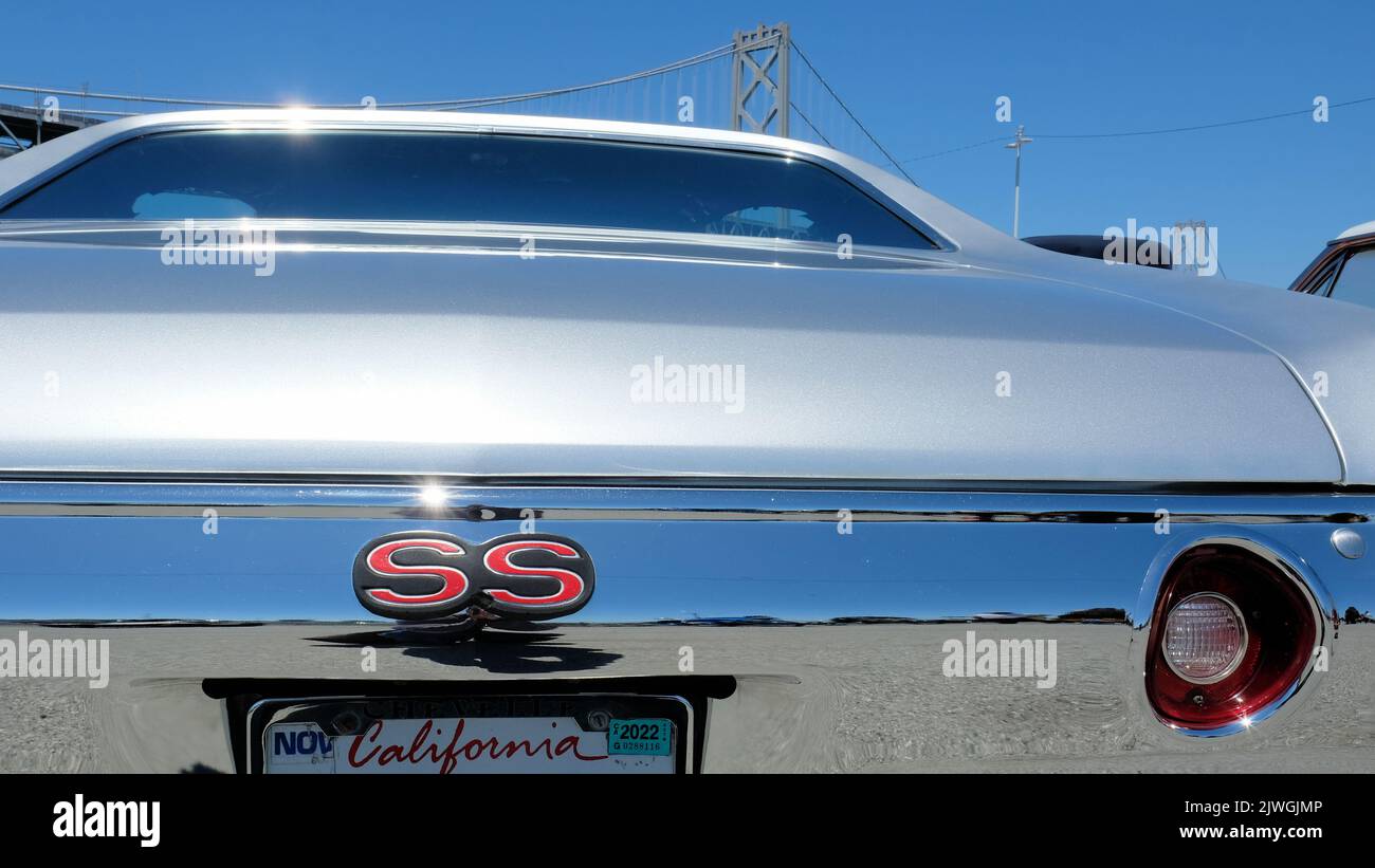 Désignation SS Super Sport sur le pare-chocs arrière chromé d'une voiture Chevrolet classique; Chevelle de Chevrolet. Banque D'Images