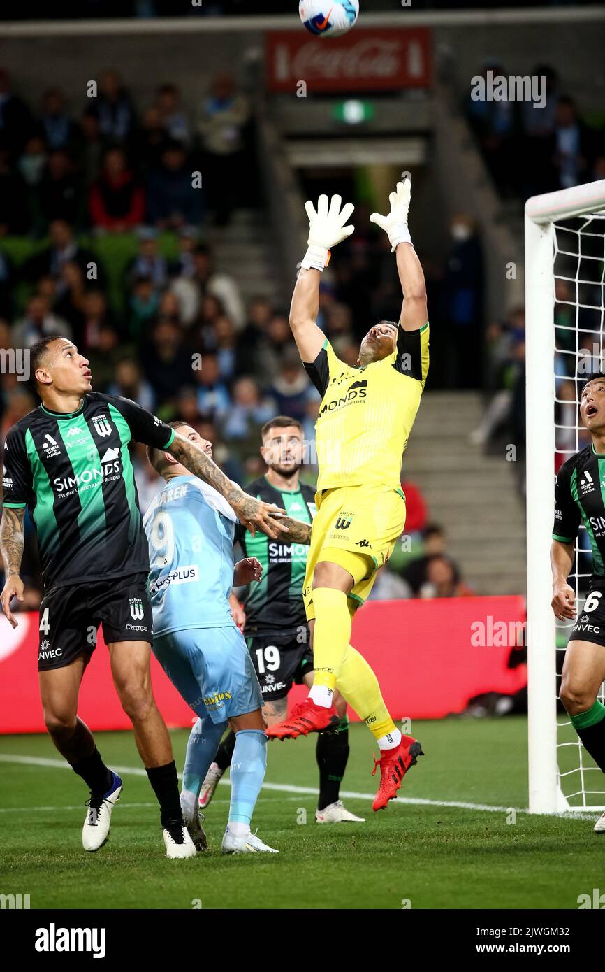 MELBOURNE, AUSTRALIE - 28 MAI : Jamie Young, de Western United, prend le ballon lors du match de la Grande finale De football De La Ligue A entre le FC de Melbourne et Western United à l'AAMI Park on 28 mai 2022, à Melbourne, en Australie. Crédit : Dave Hewitt Banque D'Images