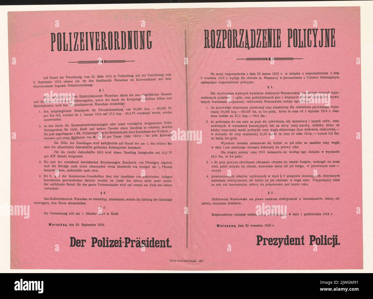 Règlement du Président de la police introduisant de nouveaux prix pour l'utilisation de l'électricité fournie par la centrale électrique de Varsovie, Varsovie, 30 septembre 1918. Glasenapp, Ernst Reinhold Gerhard von (1861-1928), auteur, Deutsche Staatsdruckerei Warschau (Warszawa ; drukarnia ; 1916-1918), imprimerie Banque D'Images