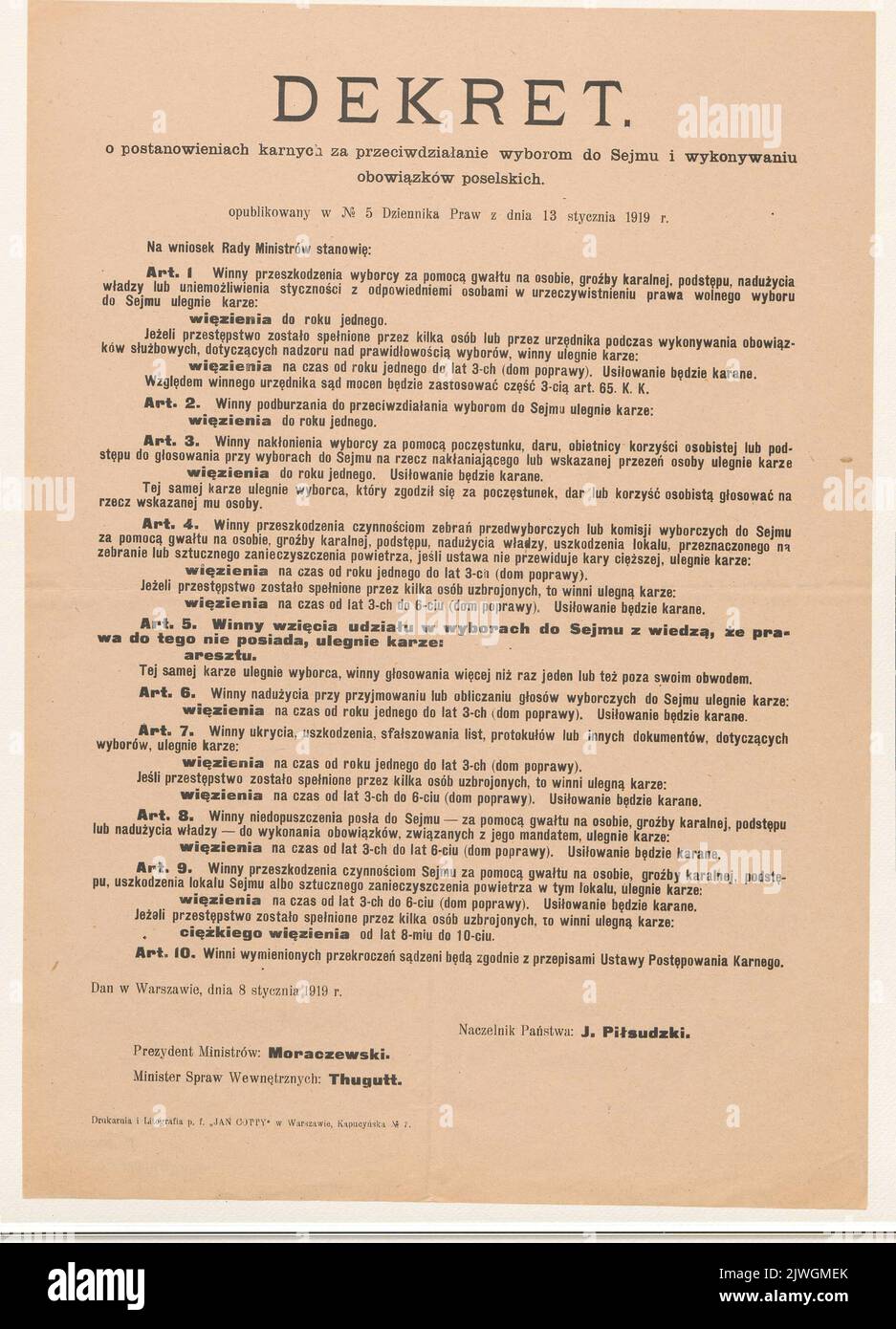 Décret du Chef de l'Etat polonais, Józef Piłsudski, sur les sanctions pénales pour les activités empêchant les élections au Sejm et exerçant les fonctions de députés, Varsovie, 8.I.1919. Cotty, Jan (Warszawa ; drukarnia i zakład litograficzny ; 1863-1939), imprimerie Banque D'Images
