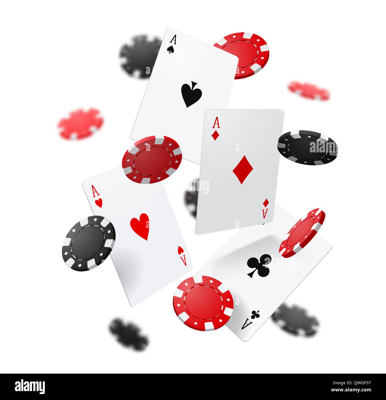 Cartes et jetons de poker volantes. Jeu de casino. Vecteur avec quatre as et des pièces rondes tombant sur fond blanc. 3d cartes de poker pour le pari de casino en ligne, gagner, jackpot, jeux de jeu Illustration de Vecteur