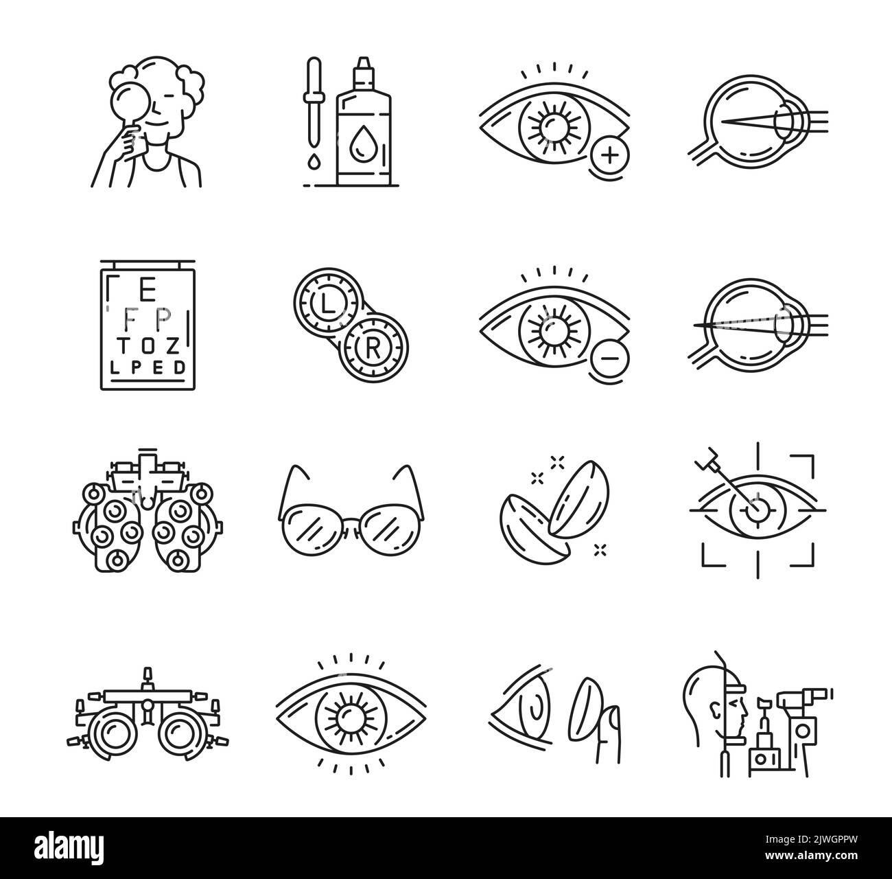 Icônes d'optométrie. Chirurgie au laser, yeux, phoropter, ophtalmologie ...