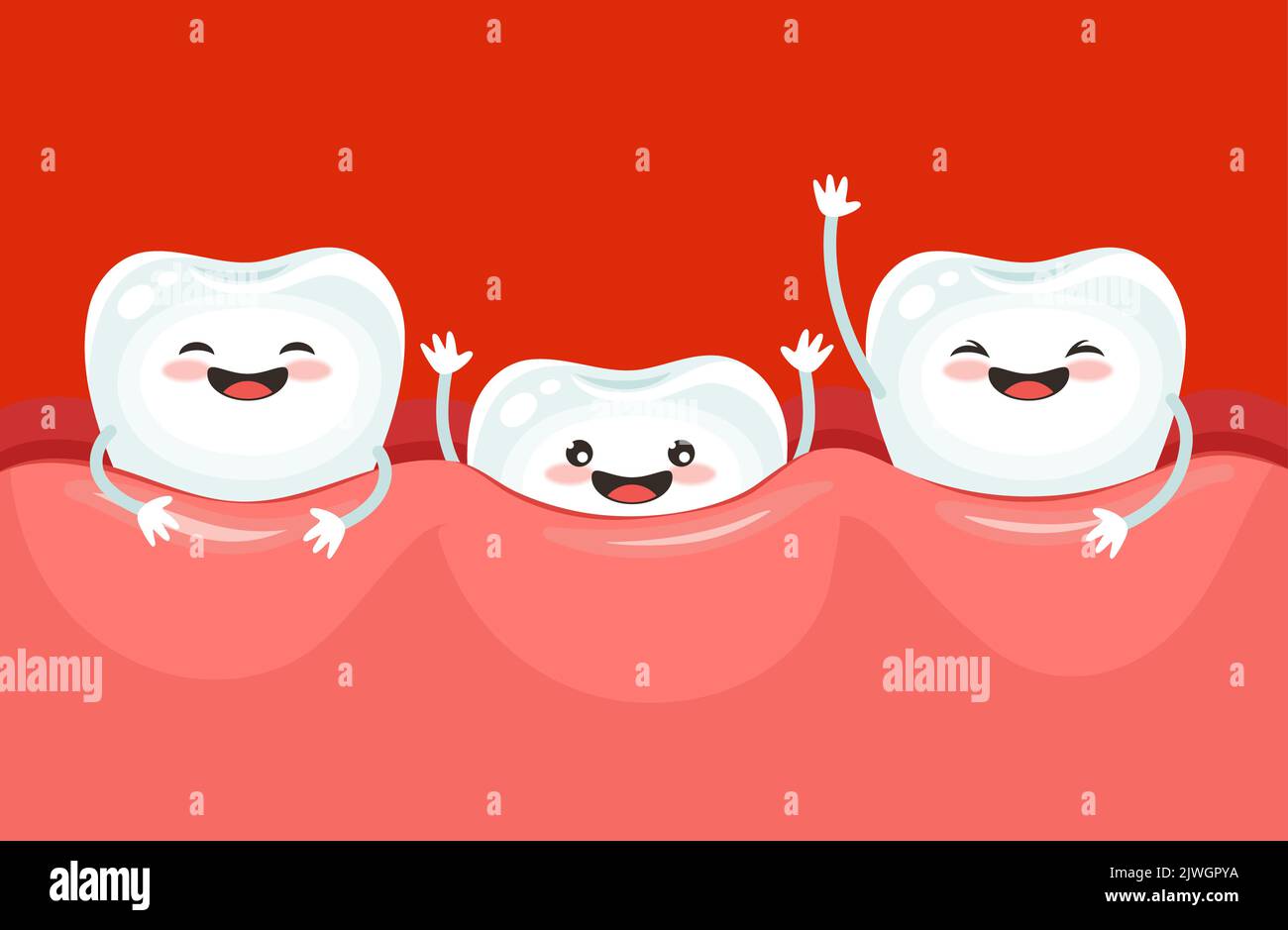 Les dents poussent des personnages drôles, dent dans la gomme dentaire, dentisterie. Dessin animé bébé lait dent en croissance ou enfants premières dents heureux personnages vectoriels, poster dentiste pour les soins de la bouche et orthodontie Illustration de Vecteur