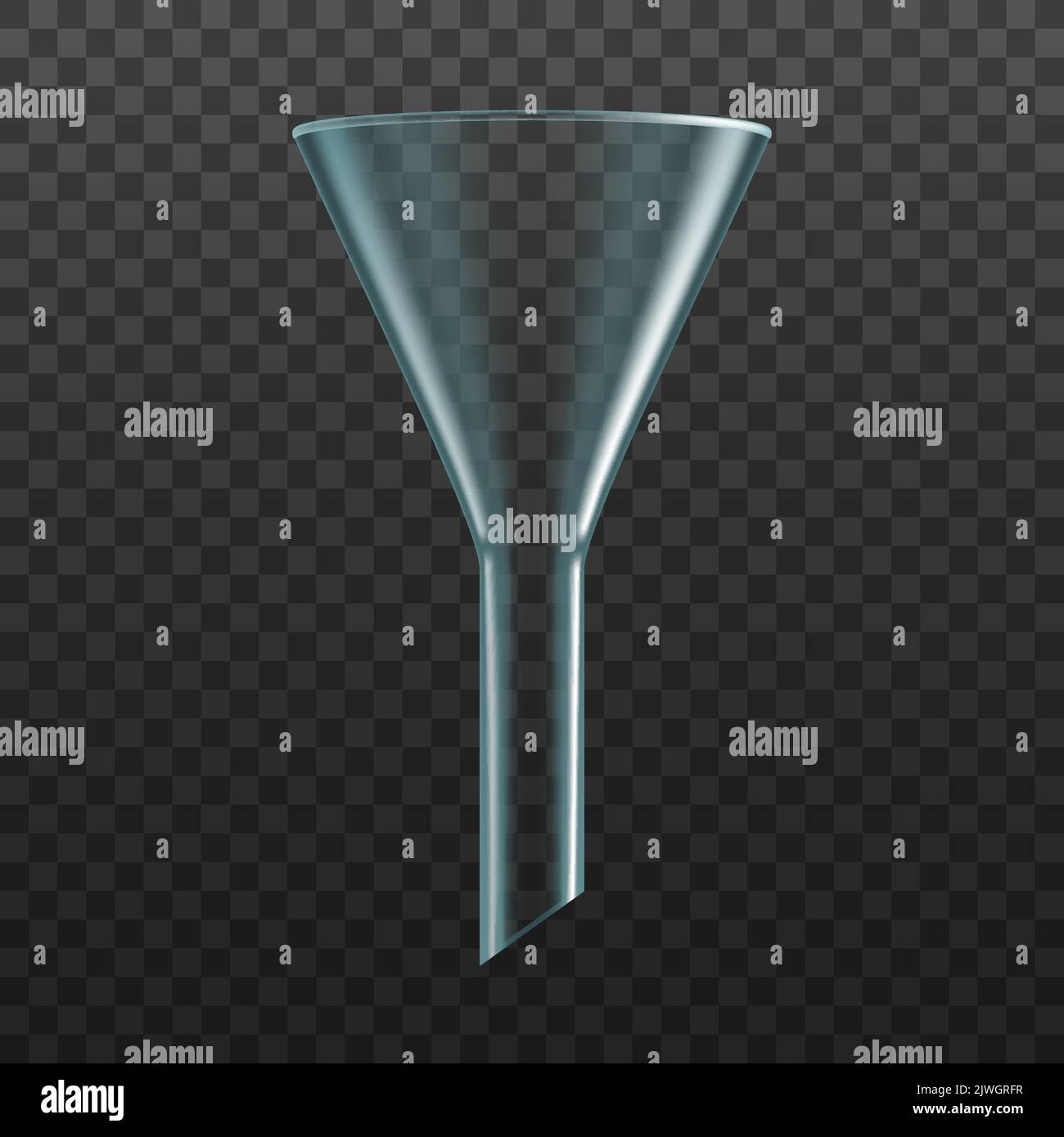 Entonnoir en verre isolé, verrerie de laboratoire réaliste à 3D vecteurs. Filtre transparent, équipement de laboratoire chimique pour la conduite d'expériences et la filtration de liquides. Entonnoir en verre scientifique détaillé Illustration de Vecteur
