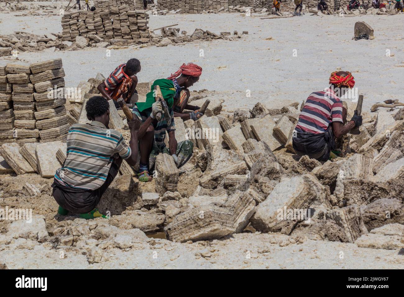DANAKIL, ETHIOPIE - 24 MARS 2019 : mineurs de sel de la tribu afar dans la dépression de Danakil, Ethiopie. Banque D'Images
