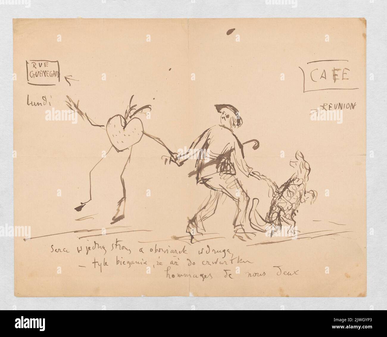 "Le coeur va d'une manière, le devoir - un autre" [autoportrait de l'artiste avec Malina le chien et le coeur de la marche] - dessin pour Maria Mickiewiczówna (?). Makowski, Tadeusz (1882-1932), dessinateur, dessinateur Banque D'Images