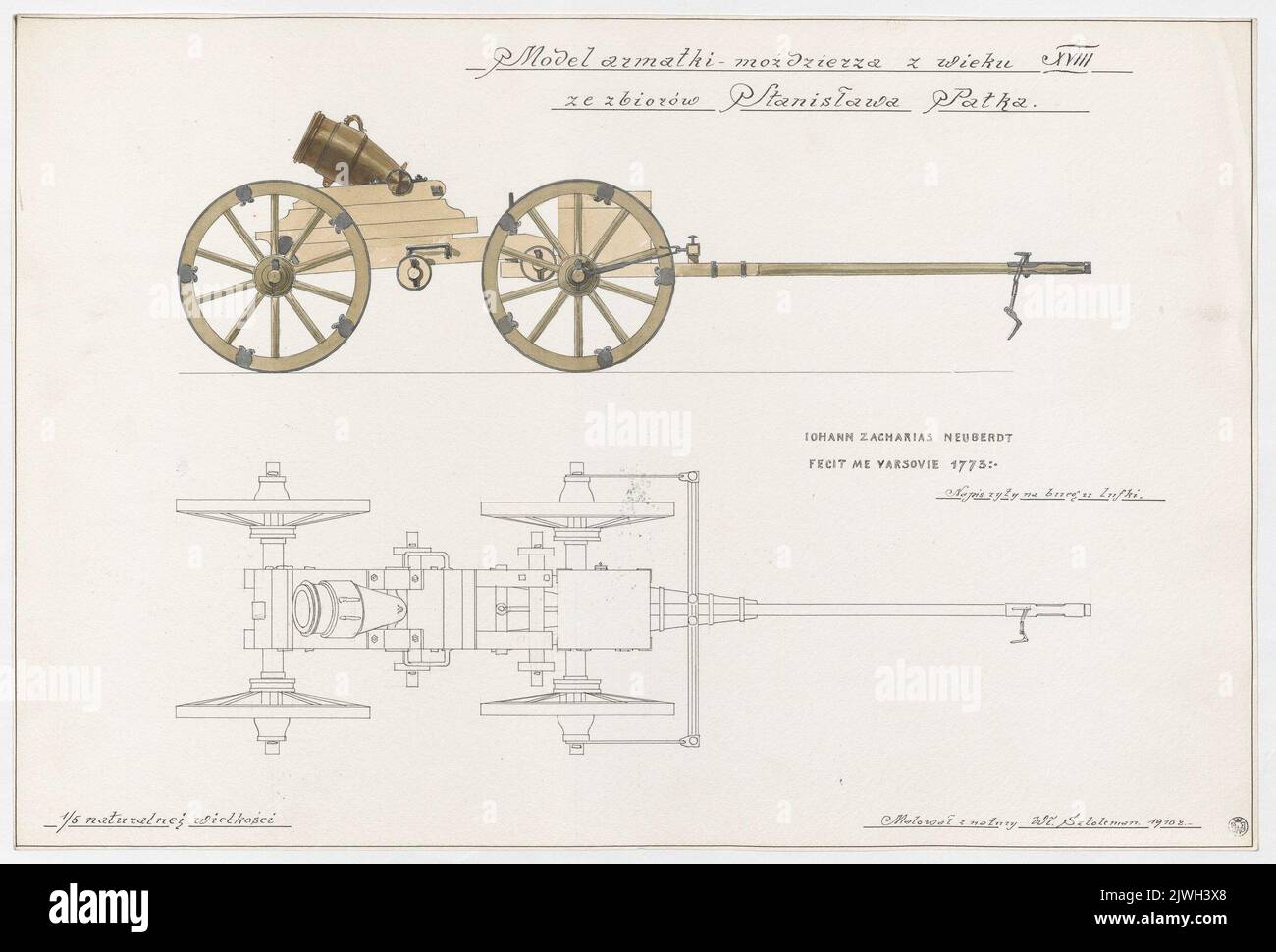 Petit canon – mortier – modèle du 18th siècle à l'échelle de 1:5, de la collection de Stanisław Patek ; dessin pour la publication: Dominika Jeżewskiego Skarbiec Zabytków Polskich znajdujących się W prywatnych zbiorWarszawy, malowaz natur?????????????????????????????????????????????????? . Sztolcman, Władysław Roman (1873-1950), peintre Banque D'Images